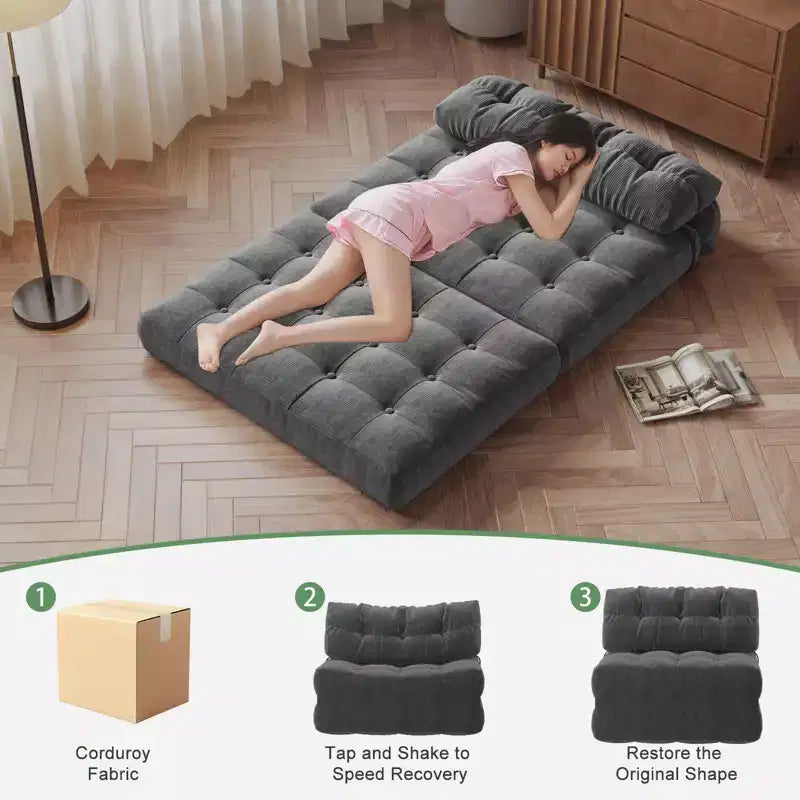 Canapé-lit futon pliant entièrement en velours côtelé, chaise de couchage convertible au sol avec oreiller et dossier