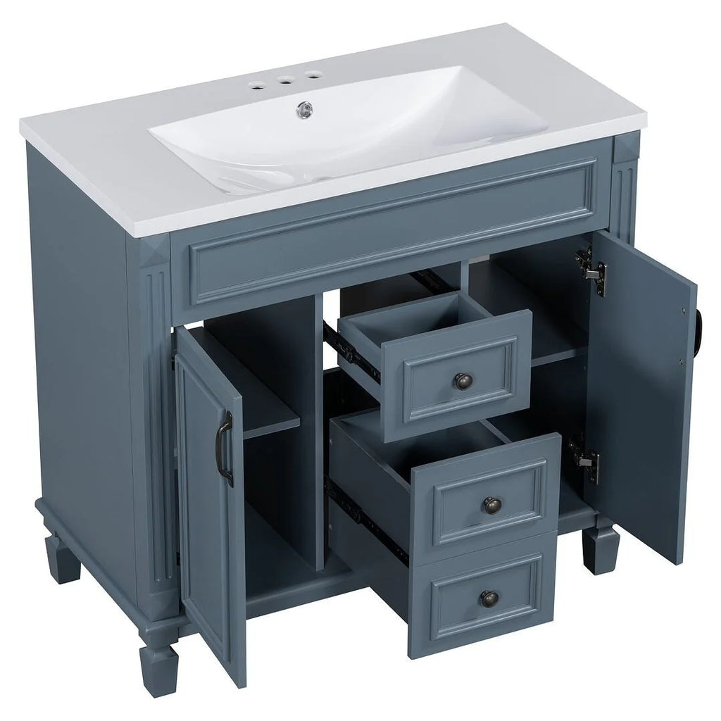 Meuble-lavabo de salle de bain moderne de 91 cm avec lavabo et armoire de toilette, 2 portes et 2 tiroirs