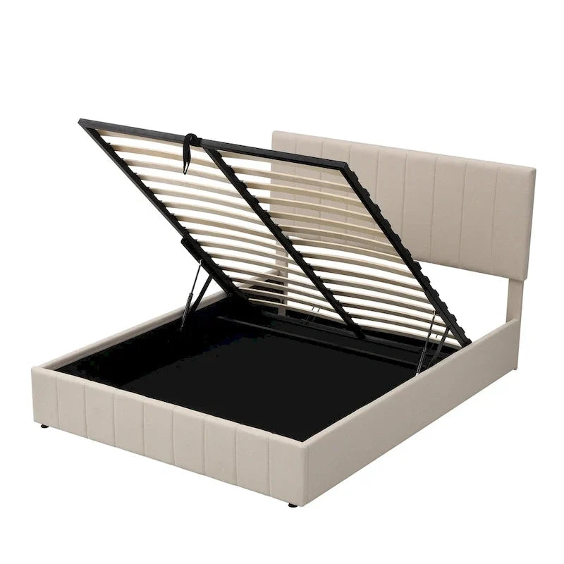 Lit plateforme rembourré Queen avec système de rangement hydraulique - Beige