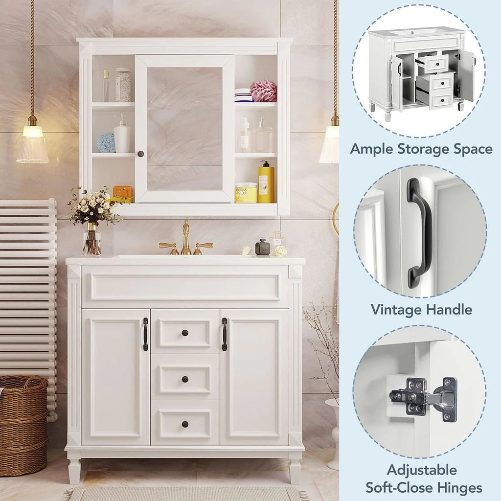 Meuble-lavabo de salle de bain moderne de 91 cm avec lavabo et armoire de toilette, 2 portes et 2 tiroirs