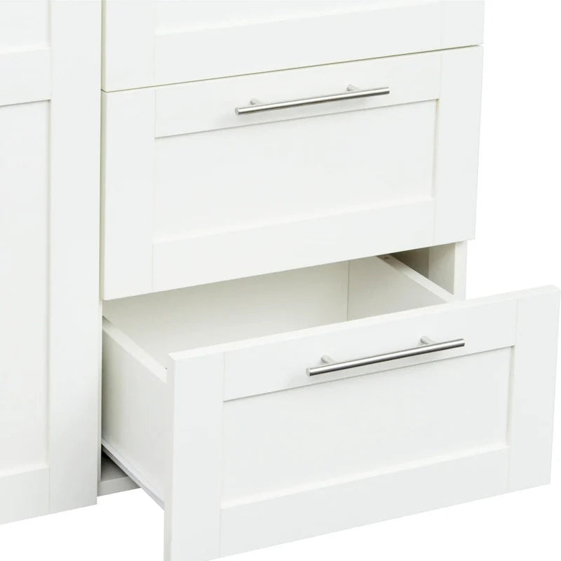 Armoire de rangement en bois blanc avec portes, tiroirs et tringle à vêtements