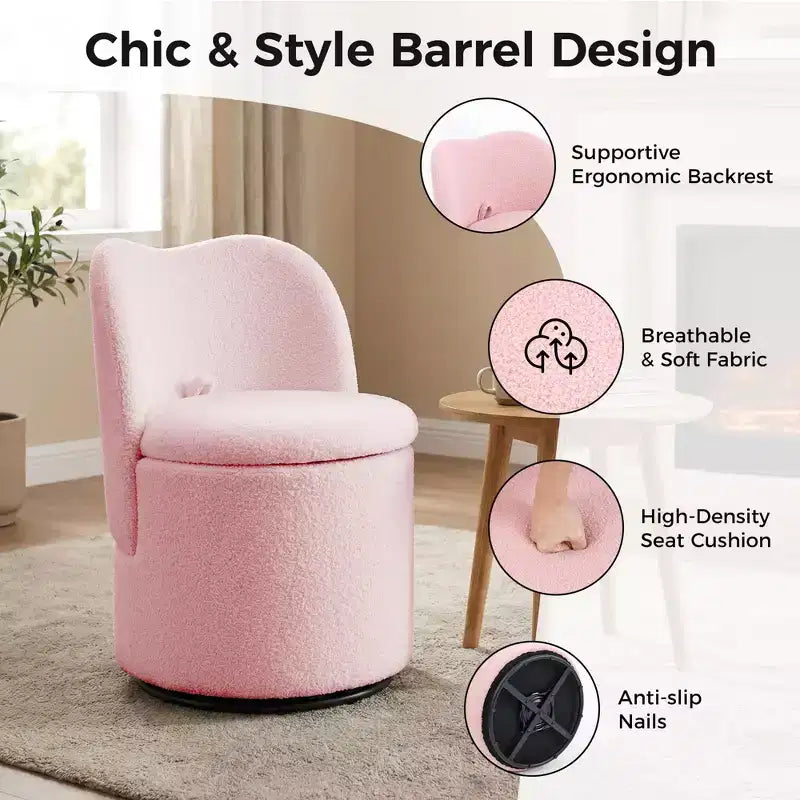 Chaise de vanité pivotante avec rangement, tabouret de maquillage rond rembourré avec dossier, fauteuil d'appoint rembourré doux pour chambre et salon