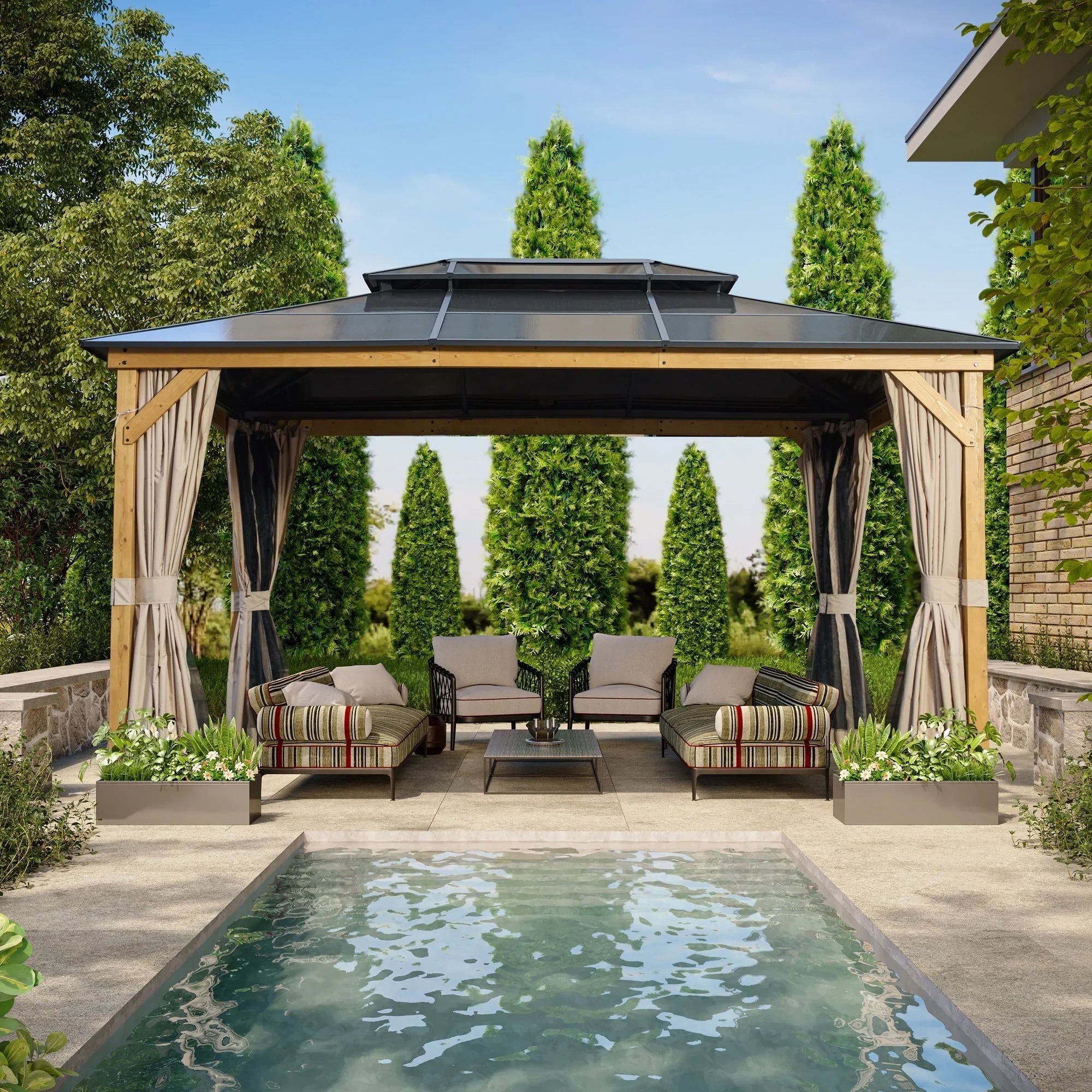 Tonnelle EROMMY à toit rigide, pergola extérieure avec double toit, moustiquaire et rideaux, auvent robuste pour patio, jardin, fête au bord de la piscine