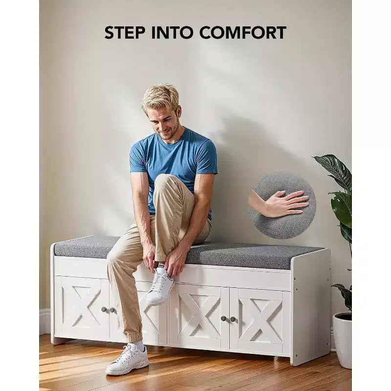 Banc de rangement pour chaussures, banc d'entrée de 120 cm de long avec siège rembourré relevable, 4 portes, capacité de 136 kg, banc avec étagère à chaussures pour entrée