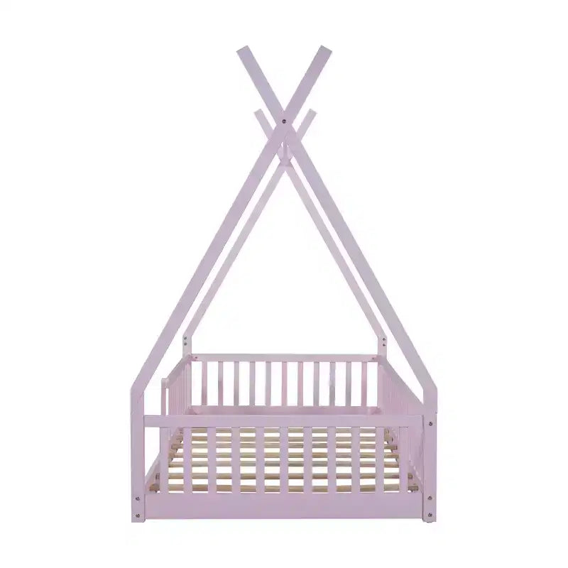 Lit de sol pour enfants, lits cabane doubles, lit de sol Montessori avec lattes et barrières de protection, cadre de lit cabane en bois pour garçons et filles