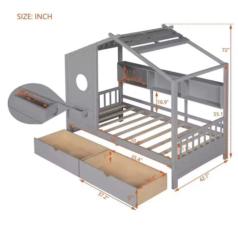 Lit cabane en bois double/complet avec 2 tiroirs, lit pour enfants avec étagère de rangement - ModernLuxe