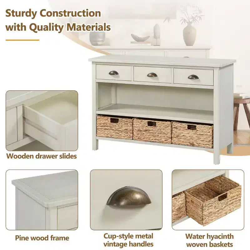 Console de table d'entrée avec rangement, table de couloir de style ferme avec 3 tiroirs et 3 paniers en jacinthe d'eau pour salon ou hall d'entrée - Panipeachy