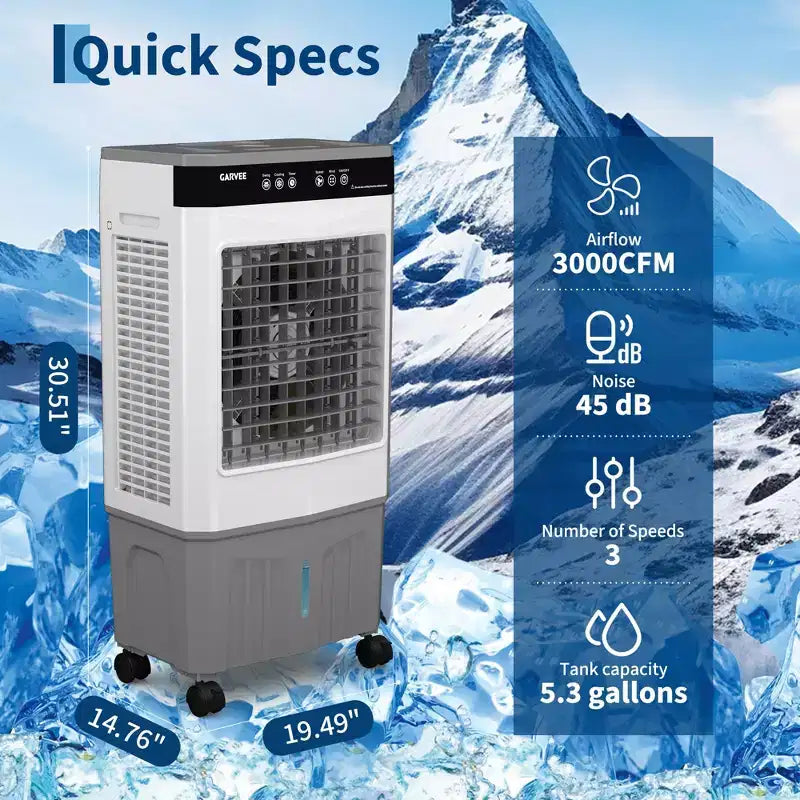 Refroidisseur d'air évaporatif avec réservoir d'eau, 4 pains de glace, 3 vitesses, oscillation à 120°, télécommande et minuterie 12h, 150W Portable sur pied