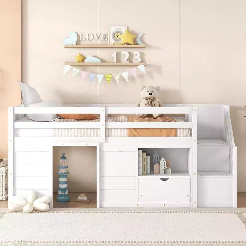 Lit mezzanine jumeau Okak en bois massif avec escalier et rangement, lits superposés jumeaux à profil bas avec tiroirs et étagères, lits mezzanine multifonctionnels pour enfants et adolescents