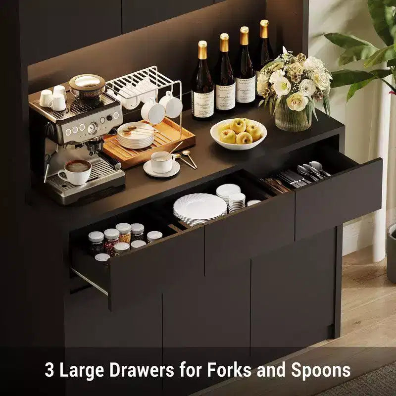 Armoire de cuisine de 71 pouces, vaisselier avec lumières LED et prises de courant, buffet avec support pour micro-ondes, étagères réglables