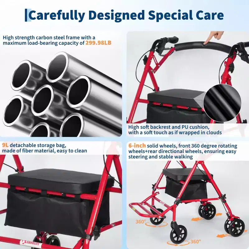 Fauteuil roulant pliable portable pour adultes, capacité de 135 kg, 6 roues, hauteur réglable, rangement sous le siège, siège et repose-pieds confortables