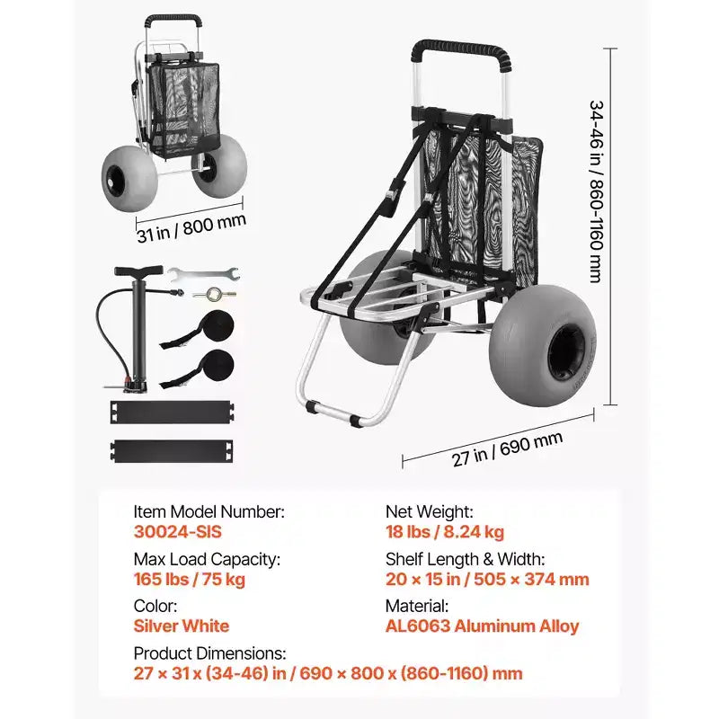 Chariot de plage VEVOR avec grandes roues pour le sable, plateforme de chargement 50,8 x 38,1 cm, chariot de sable pliant avec 2 roues ballon, capacité de charge 75 kg, argenté+noir