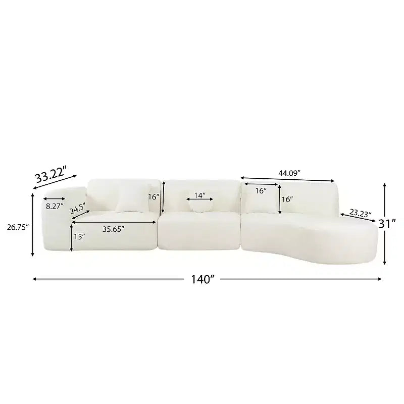 Canapé d'angle moderne incurvé de 355 cm avec méridienne, ensemble 3 pièces, pour salon