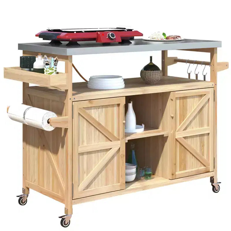 Îlot de cuisine d'extérieur Okak avec plateau en acier inoxydable, chariot de cuisine en bois avec portes, étagères et porte-épices, îlot de cuisine roulant