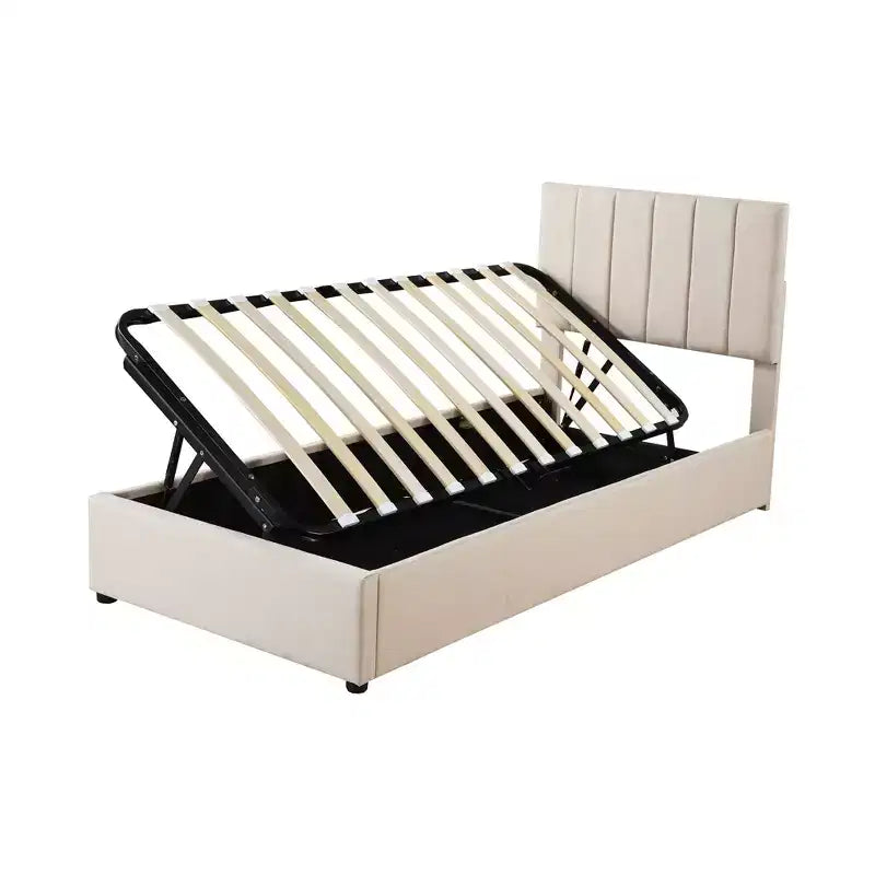 Lit de rangement relevable double Bellemave, lit plateforme tapissé avec système de rangement hydraulique, tête de lit à rayures verticales, beige