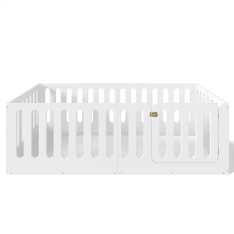 Lit Montessori au sol blanc simple avec barrière et porte – Bois massif, 1 enfant