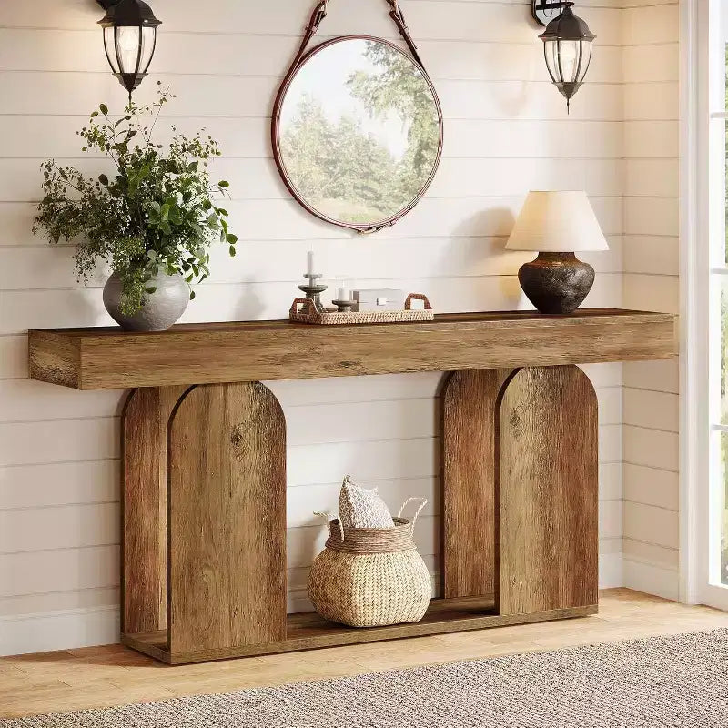 Console de table Lantine de 70,9 pouces extra longue de style ferme avec étagère de rangement à 2 niveaux en bois, convient pour couloir, salon, entrée, marron vintage.