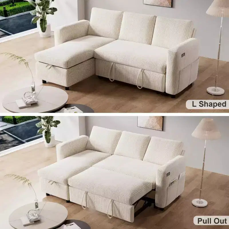 Canapé-lit Dyonery 2-en-1 avec méridienne de rangement, canapé sectionnel en velours côtelé avec ports USB pour salon