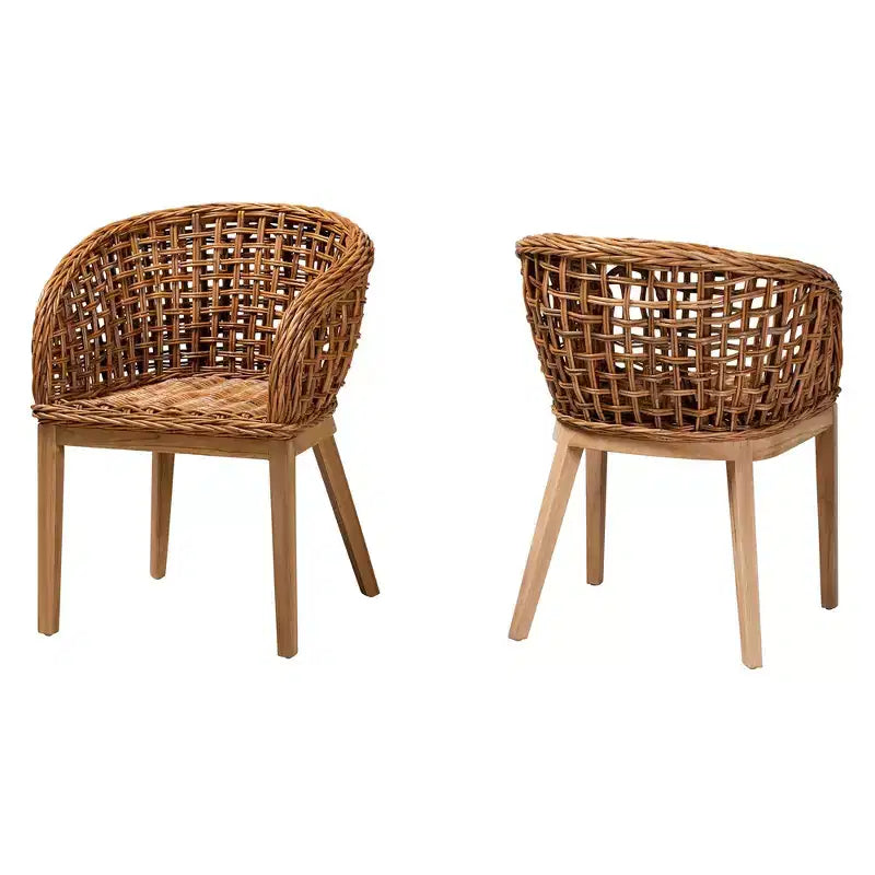 bali & pari Mario Ensemble de 2 chaises de salle à manger modernes de style bohème en teck et rotin, finition marron naturel