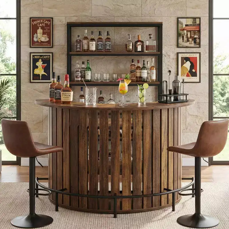 Mini-bar de rangement 4 niveaux en forme d'arc, table de bar à la maison rustique moderne avec repose-pieds et construction en MDF