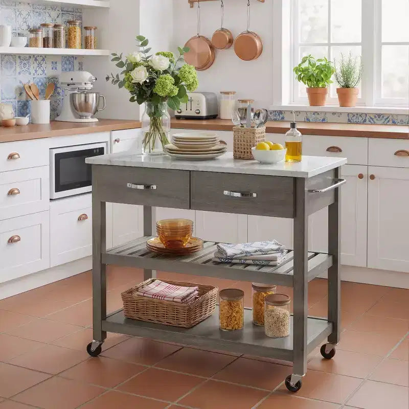 Desserte de cuisine roulante avec plateau en marbre, îlot de cuisine en bois massif avec 2 tiroirs, chariot de cuisine à 3 niveaux avec roues détachables verrouillables et porte-serviettes