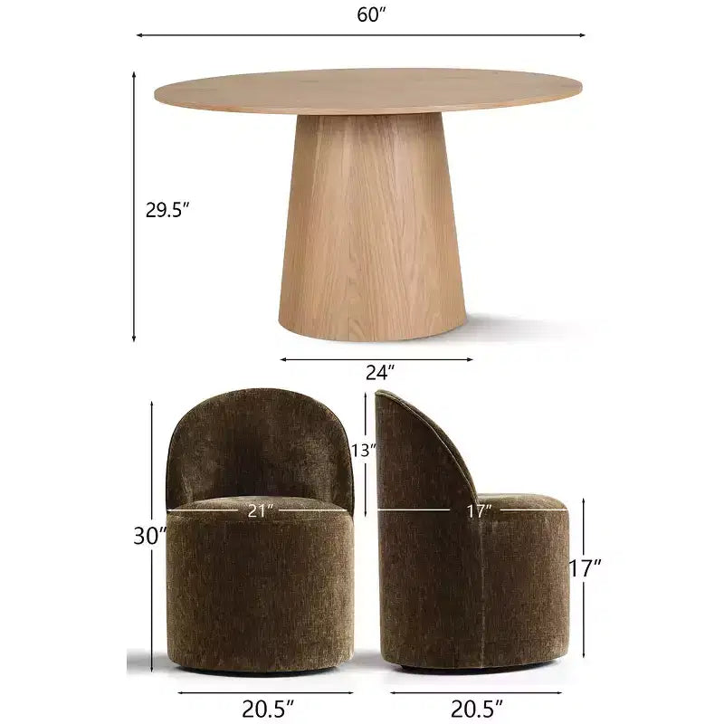 Ensemble de salle à manger moderne pour 6 personnes, table à manger ronde avec pied central, chaises de salle à manger pivotantes à roulettes, tissu chenille texturé - Panipeachy