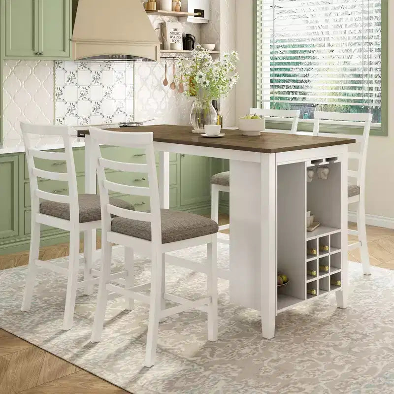 Ensemble de salle à manger 5 pièces de hauteur comptoir pour 4, table rectangulaire en bois avec étagères de rangement et compartiment à vin/barre