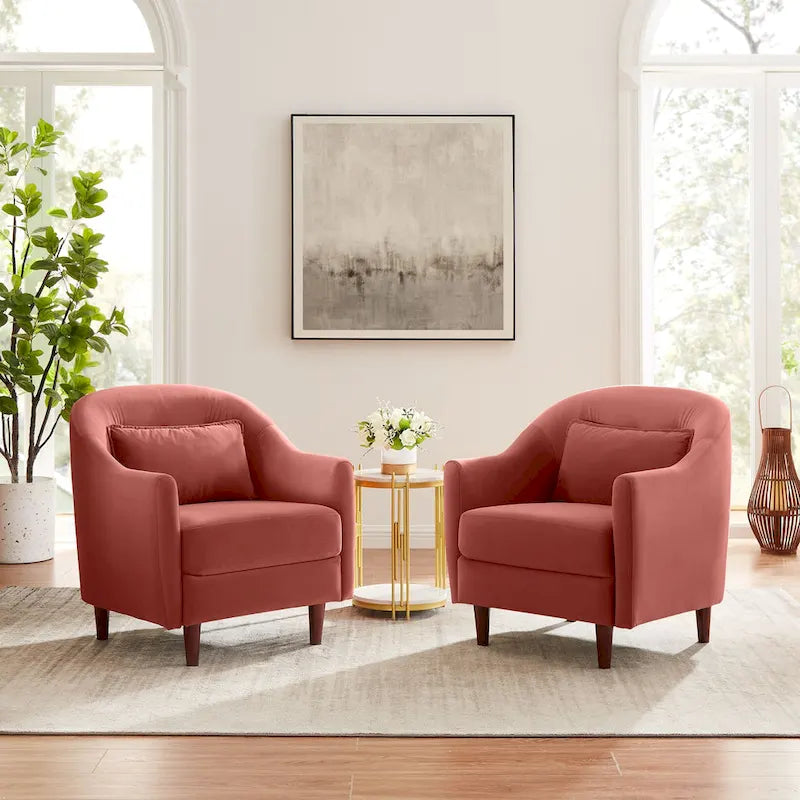 28.34W Lot de 2 fauteuils d'appoint, fauteuil barillet en velours avec pieds en bois massif