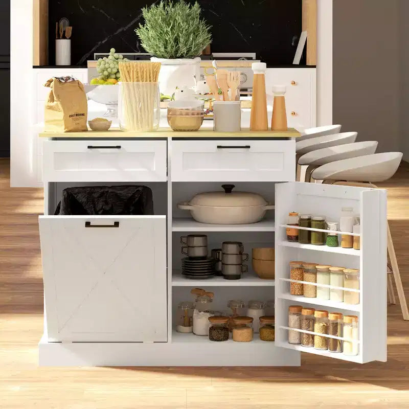 Meuble poubelle coulissant HOMCOM avec tiroirs, meuble de cuisine de style campagnard avec poubelle cachée pour la cuisine