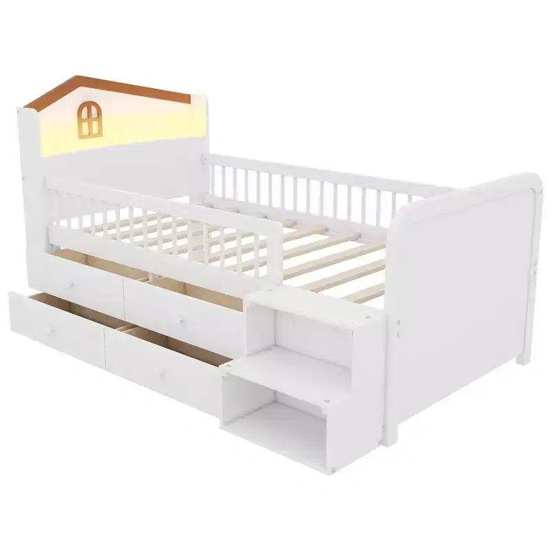 Lit mezzanine bas Whisen avec lumières LED, tête de lit en forme de maison et tiroirs de rangement, construction robuste