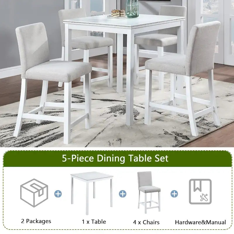 Ensemble de salle à manger moderne 5 pièces avec table carrée hauteur comptoir et 4 chaises rembourrées