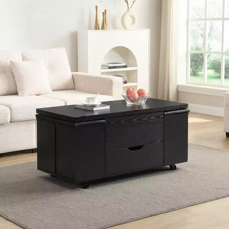 Table basse relevable multifonctionnelle et moderne avec rangement dissimulé, 4 tabourets et roulettes, parfaite pour les espaces de vie modernes.