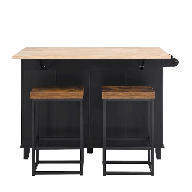 Ensemble d'îlot de cuisine TOPMAX avec abattant et 2 tabourets, ensemble de table à manger avec étagère réglable, tiroirs et porte-serviettes