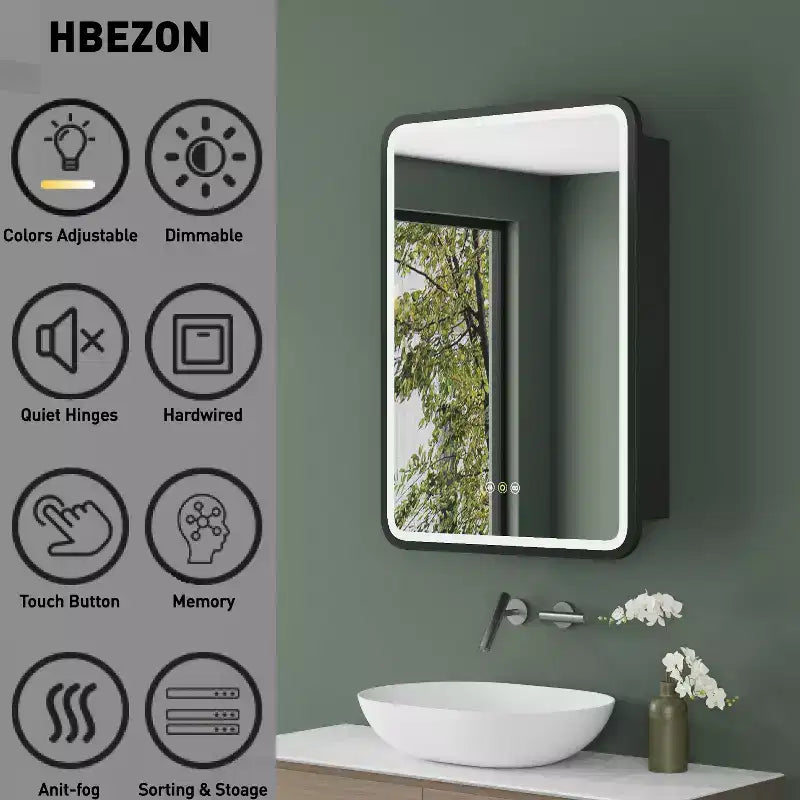 Armoire à pharmacie LED noire / blanche / dorée, porte simple, charnière à gauche ou à droite, encastrée ou murale