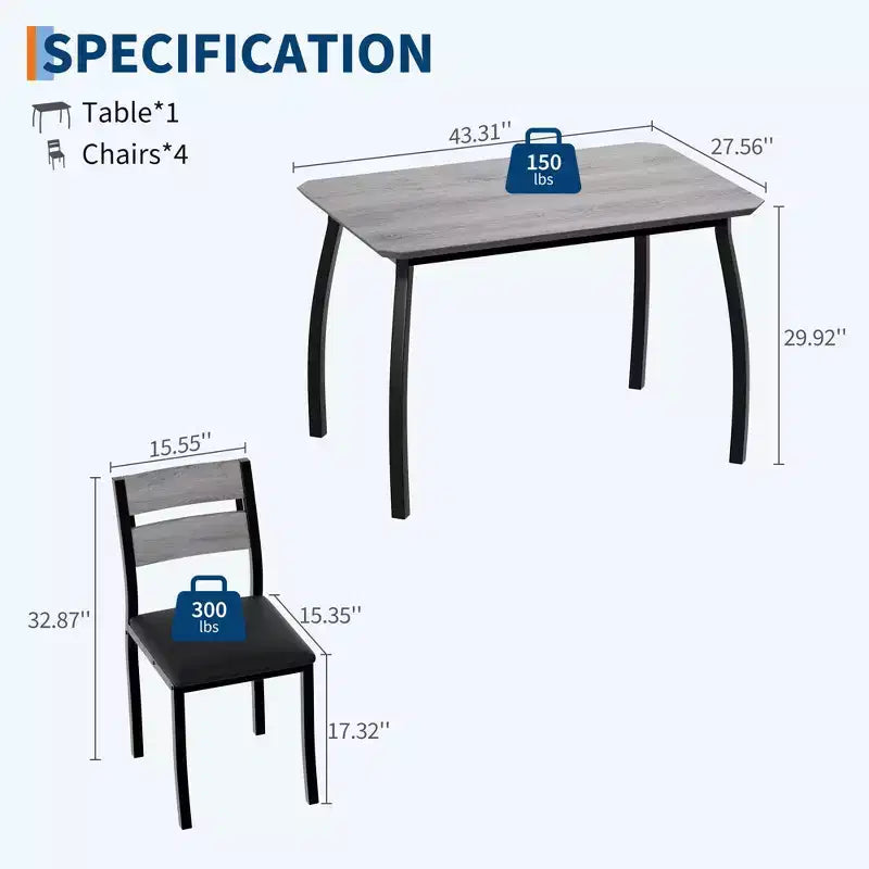 Ensemble de table et 4 chaises de cuisine avec cadre métallique, design biseauté