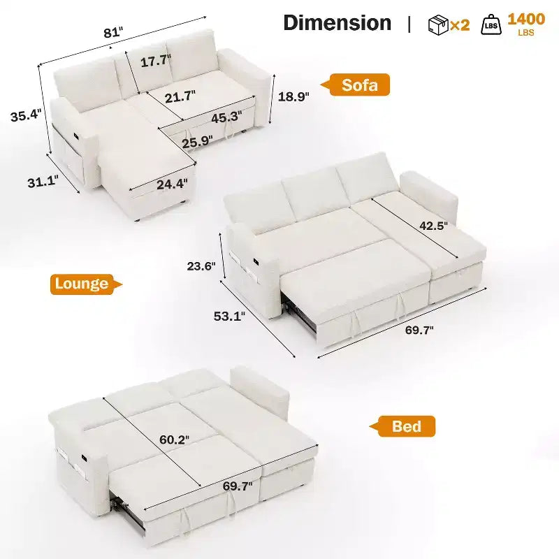 Canapé-lit sectionnel Dyonery 81, canapé-lit escamotable en forme de L avec méridienne de rangement réversible, USB, dossier inclinable