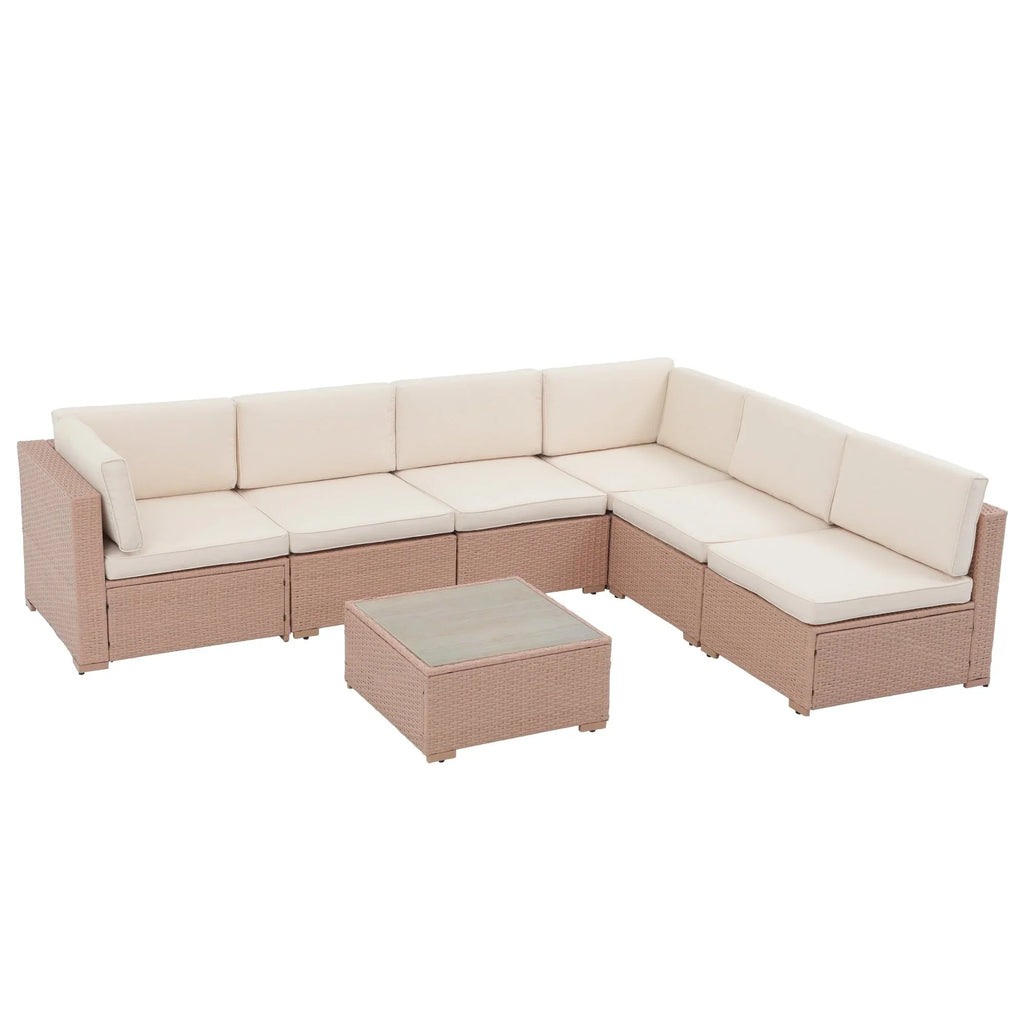 Ensemble de canapé d'angle d'extérieur 7 pièces en osier/acier avec coussins