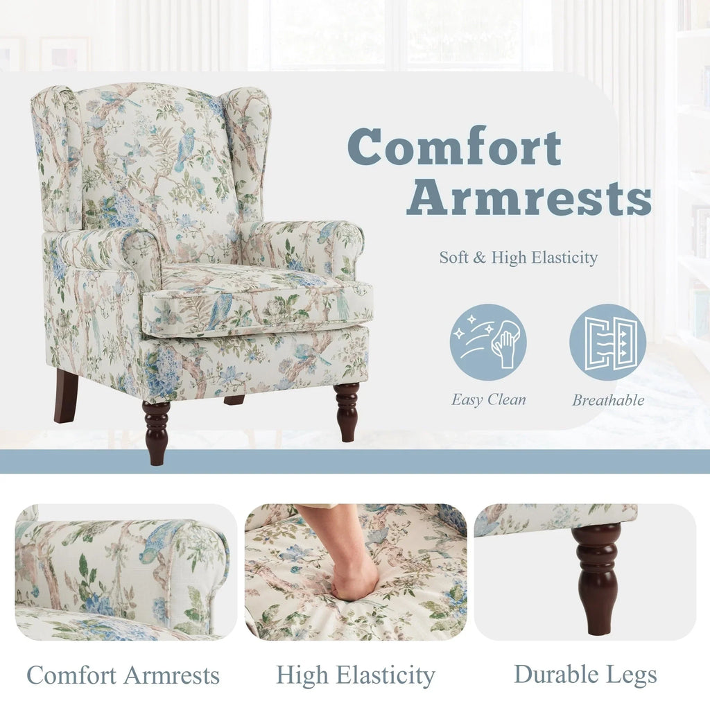 Fauteuil d'appoint moderne Erommy, fauteuil à dossier haut, canapé simple en tissu rembourré avec boutons et pieds en bois pour salon