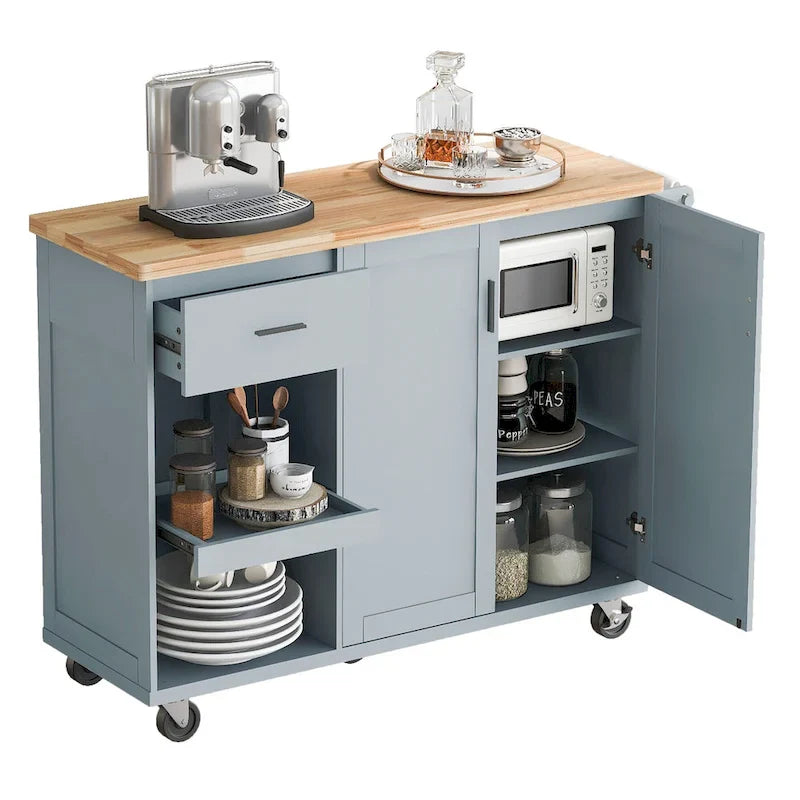Îlot de cuisine avec plan de travail pliable, desserte de rangement de cuisine avec étagère coulissante, porte-serviettes et tiroir, roulettes.