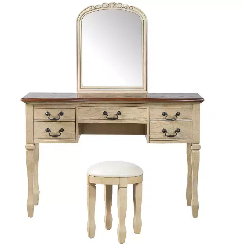 Coiffeuse Vintage, Coiffeuse de Maquillage Vintage, Coiffeuse de 117 cm avec Miroir Floral Courbé, 5 Tiroirs de Rangement