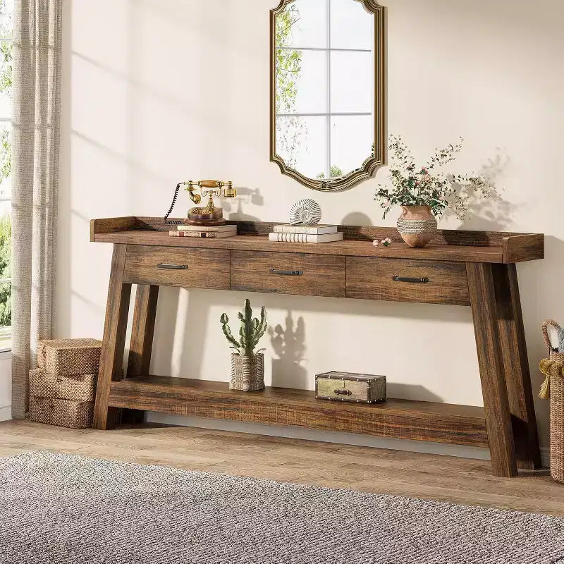 Table de canapé à 2 niveaux Lantine avec 3 tiroirs, console de 180 cm avec chicane surélevée et étagères de rangement pour salon, couloir, entrée