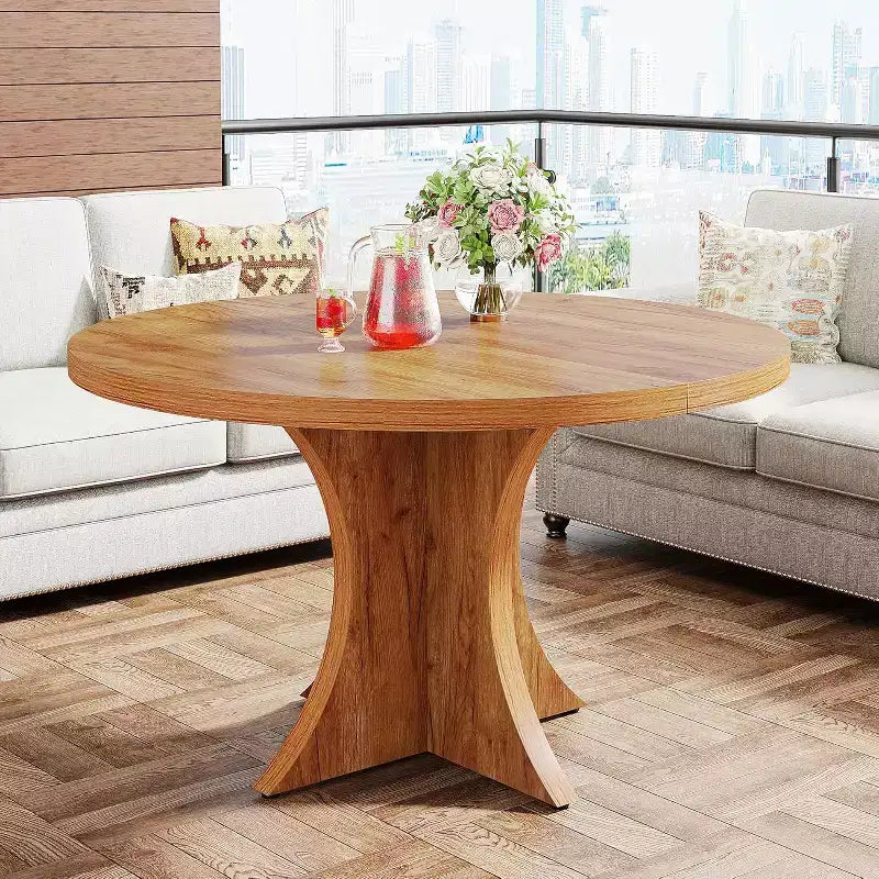 Table de salle à manger ronde Lantine de 47,24 pouces pour 4 à 6 personnes, table de cuisine de style campagnard avec pied central, petite table à manger pour salle à manger, salon, marron