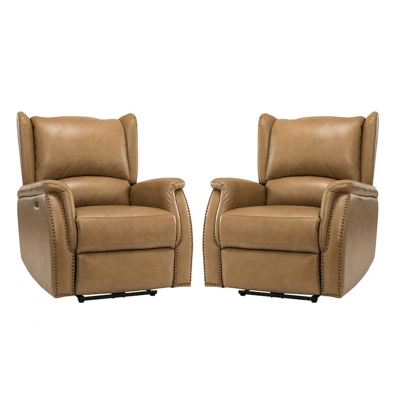 Fauteuil inclinable électrique en cuir véritable avec port USB – Dossier ailé clouté, ensemble de 2