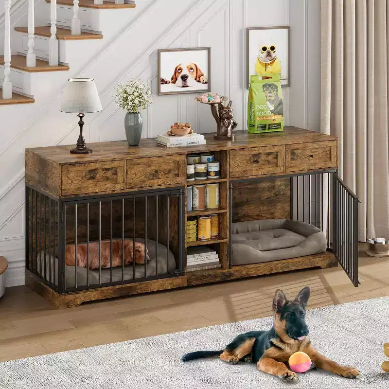 82 Meubles doubles pour cage de chien, grande niche d'intérieur pour 2 chiens, meuble TV en bois robuste avec 4 tiroirs et étagères