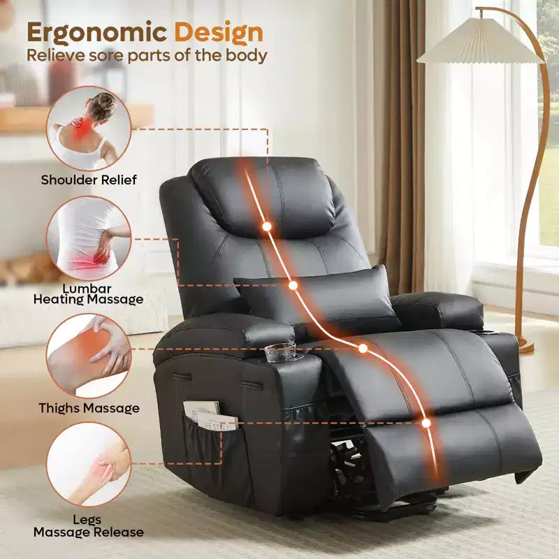 Fauteuil inclinable électrique Bestier de 88 cm avec fonction de levage, massage et chauffage, en similicuir, avec poches latérales et porte-gobelets
