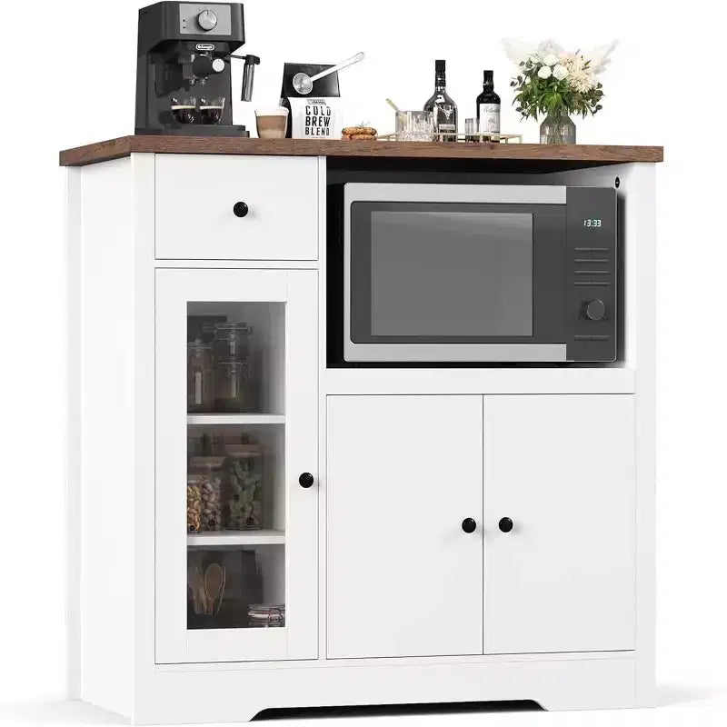 Meuble de rangement pour micro-ondes de cuisine avec 3 portes, 1 tiroir et étagères réglables, Armoire de rangement pour garde-manger