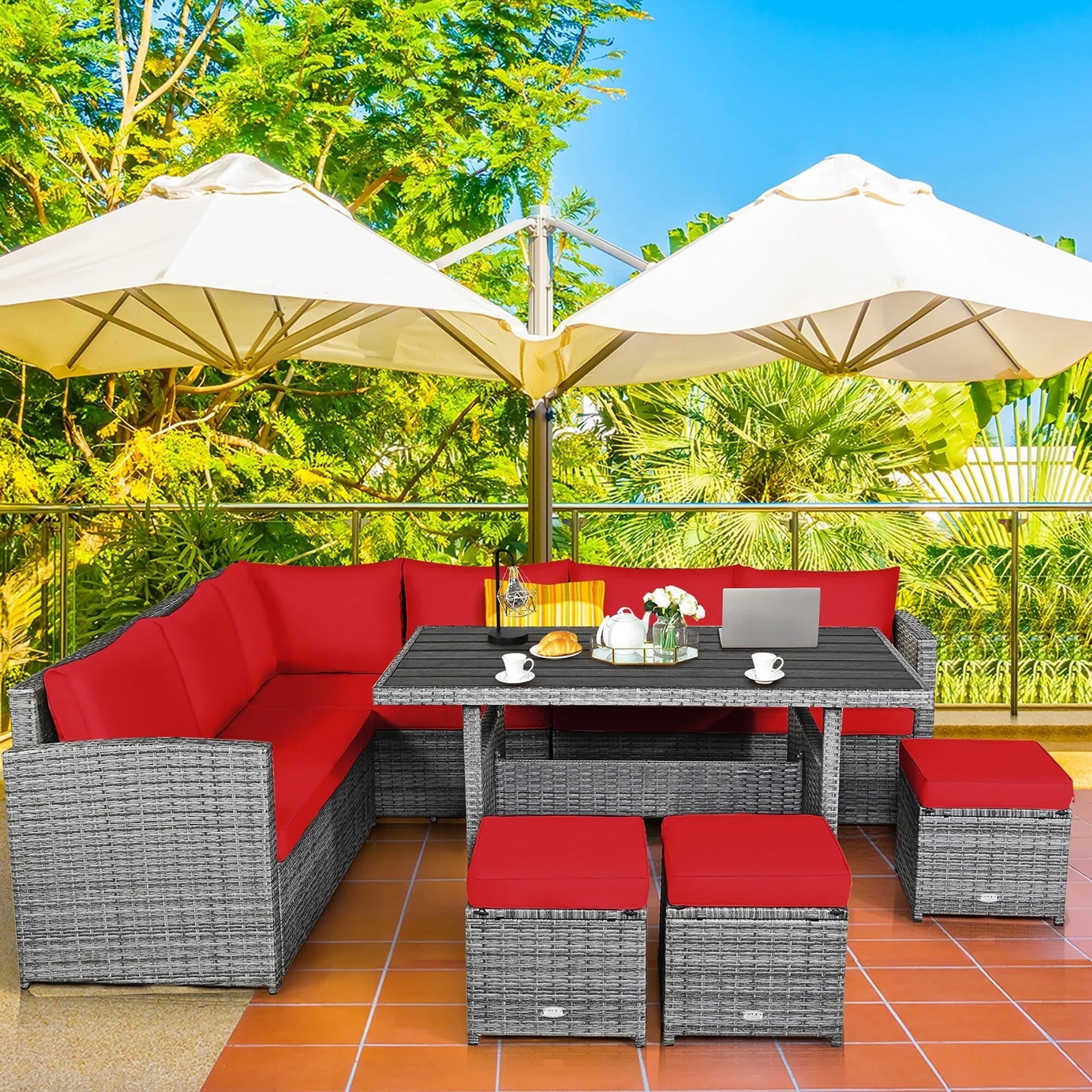 Ensemble de salle à manger Costway 7 pièces en rotin pour terrasse, canapé sectionnel et pouf - Voir détails