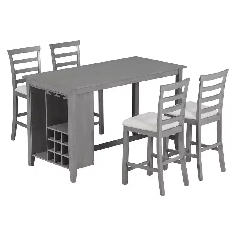 Ensemble de salle à manger 5 pièces de hauteur comptoir pour 4, table rectangulaire en bois avec étagères de rangement et compartiment à vin/barre