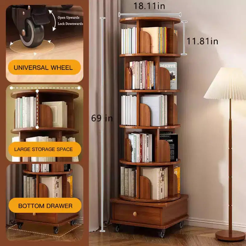 Bibliothèque d'angle pivotante à 360° Chic Crate à 6 niveaux avec roulettes, étagère étroite pour petits espaces, marron noyer
