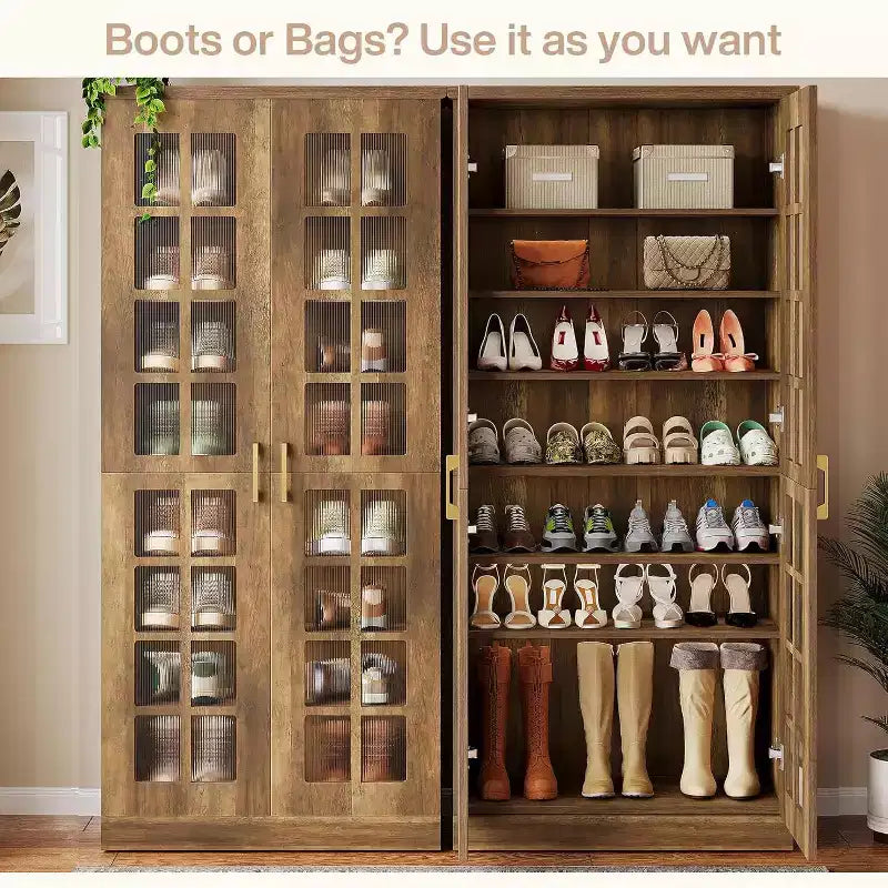 Meuble à chaussures haut Lantine avec portes, rangement à chaussures à 8 niveaux avec étagères réglables, armoire à chaussures moderne pour couloir, placard, salon, blanc